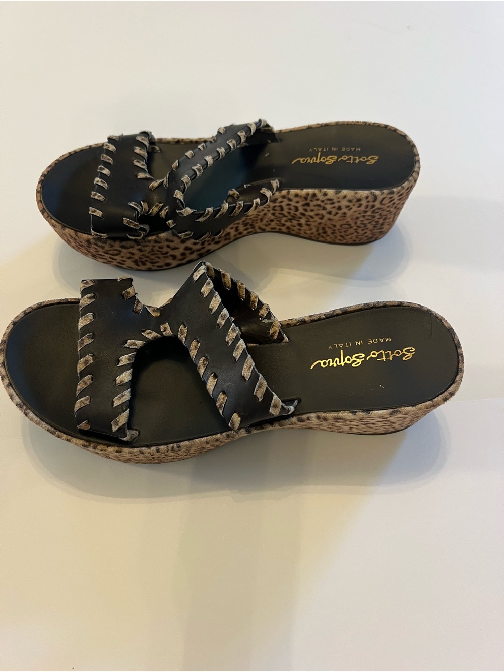 Sotto Sopra Black Leather Platform Mules with Leopard Wedge